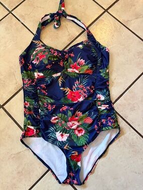 Navy Floral Halter One-Piece Swimsuit